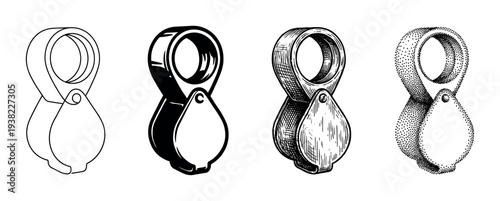 Four different jeweler's loupe illustration styles presented in black and white, showcasing various artistic techniques for detailed observation.