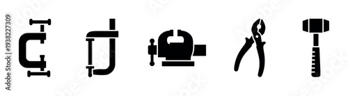 Collection of essential workshop and construction tools including clamps, a vise, pliers, and a hammer.