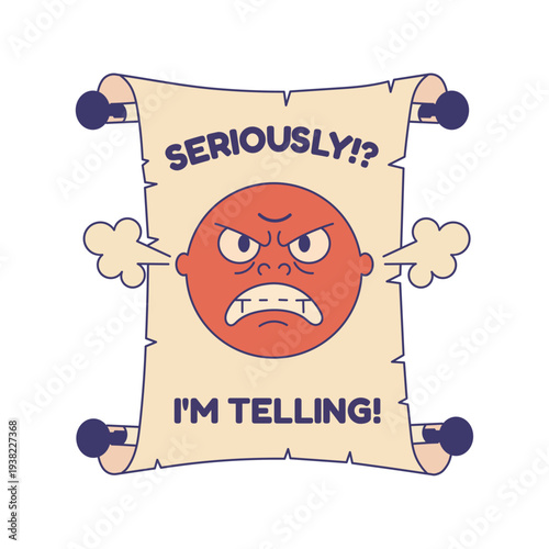 Angry Red Face Cartoon Character on Antique Parchment Scroll