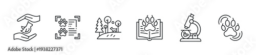 Veterinary animal care nature science line icons represent various aspects of pet health, wildlife, and scientific research.