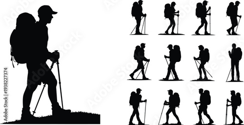 Hiker silhouette set with backpacks and trekking poles, male athlete climbing mountain, outdoor adventure travel and hiking activity vector illustrations