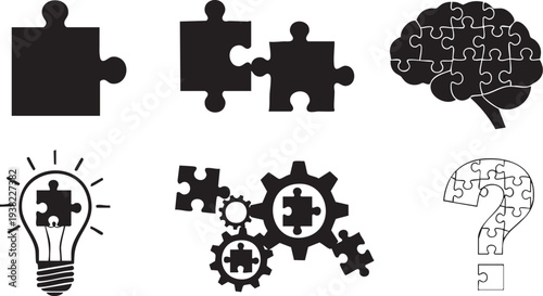 Jigsaw puzzle pieces and brain related symbols for problem solving and thinking