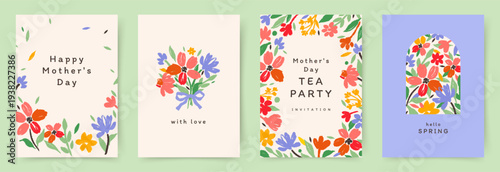 Set of cute holiday cards with flowers. Vector templates for Mother's Day, Birthday, Easter, Women's Day March 8, social media post, invitation, greeting card, holiday banner, cover