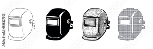 Welding helmets in various artistic styles illustrating essential safety equipment for industrial work.