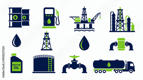 Set of dark blue and green icons representing oil and gas industry elements like barrels, pumpjack and tanker truck, concept for energy marketing material, industry reports and infrastructure design