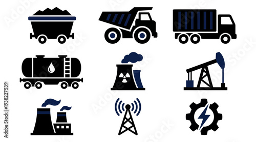 Set of industry and energy icons including coal, oil, truck and power plant symbols, concept for energy sector presentation, infrastructure development and industrial design