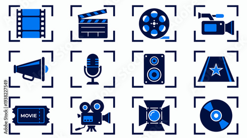 Set of blue and dark blue flat icons representing filmmaking and cinema tools under focus marks, concept for media production interface, video editing graphics and entertainment industry promotion
