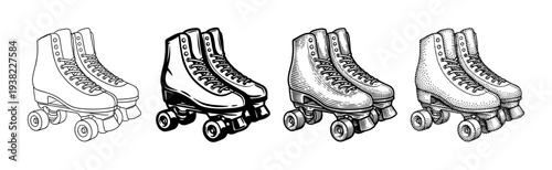 Four pairs of vintage roller skates displayed in different artistic styles, showcasing retro recreational footwear for active fun.