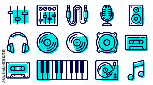 Set of cyan line art music icons including audio mixing board, vinyl records, headphones and microphone, concept for music production studio, audio editing software and sound engineering design