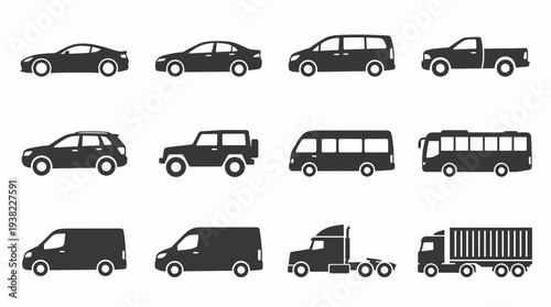 Set of twelve black vehicle silhouette icons including sedan, SUV, pickup truck, van and semi-trailer, concept for automotive industry design, logistics planning and transportation services
