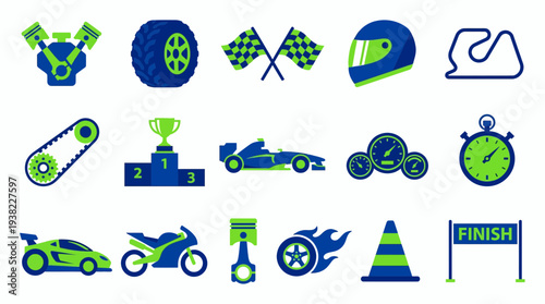 Set of blue and green racing icons including engine parts, vehicles, flags and track elements, concept for motorsport promotion, automotive design and speed challenge app