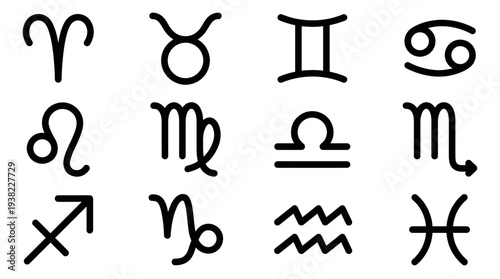 Collection of black line art zodiac symbols on white background, concept for astrology website design, spiritual guidance service marketing and esoteric theme graphics