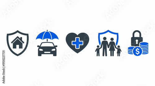 Set of insurance icons featuring house, car under umbrella, medical heart, family shield and secure money concept for financial planning, risk management and policy illustration