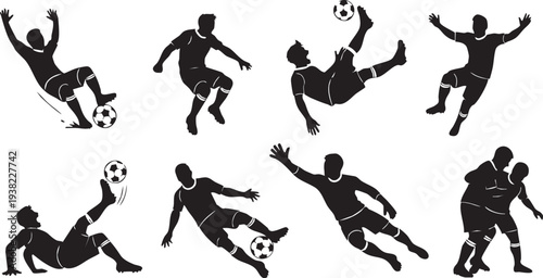 Silhouette of soccer players in various actions on white background