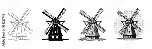Four different artistic styles of traditional windmills stand tall with rotating blades, symbolizing rural heritage and sustainable energy.