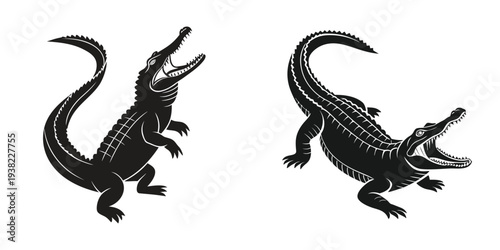 Stylized Black Alligators Reaching Upward with Open Mouths