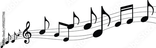 Music notes on stave wavy staff line vector illustration, musical melody composition symbols for song design, sound art and concert background
