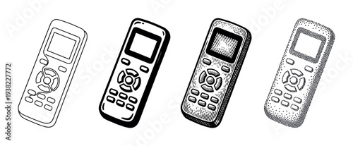 Four distinct remote control devices presented in a collection of black and white illustrative styles.
