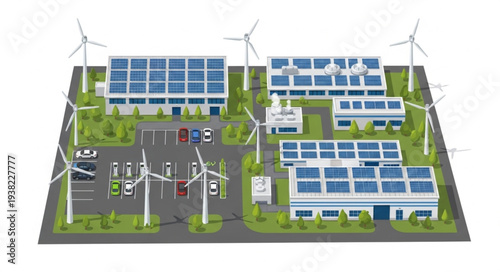 Modern Renewable Energy Power Plant with Solar Panels and Wind Turbines.