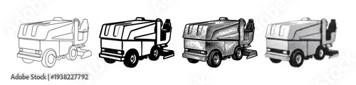 Industrial floor cleaning machines depicted in various distinct illustration styles for maintenance and hygiene concepts.
