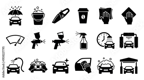 Set of black car wash service icons including detailing tools, washing process and protection concept for auto detailing shop, car cleaning business and automotive repair marketing