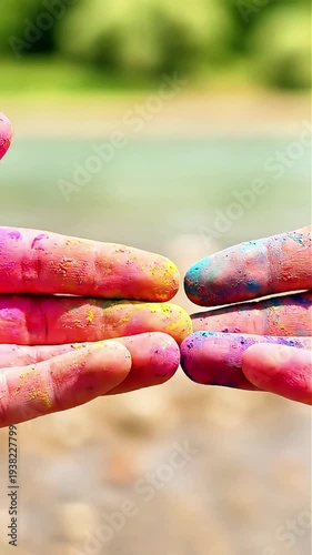 Colorful painted fingers touch in a joyful moment of Holi celebration symbolizing friendship unity and vibrant cultural traditions against a blurred natural background