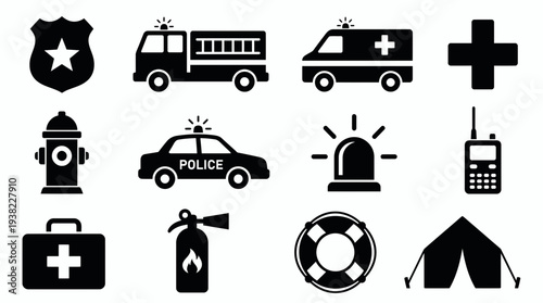Set of black and white emergency service icons including police, fire and medical equipment, concept for safety awareness campaign, disaster response planning and public service announcement design