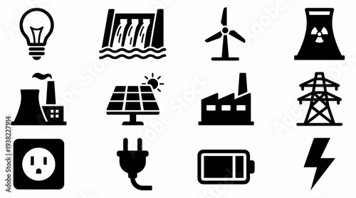 Black silhouette icons representing different energy sources and electrical components, concept for sustainability report, green technology concept and utility infographic