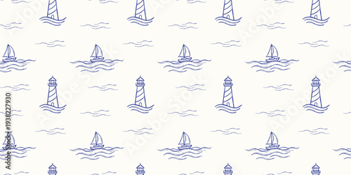 Nautical Blue Lighthouse and Sailboat Seamless Pattern, Coastal Maritime Vector Illustration for Summer Beach Decor and Childrens Nursery