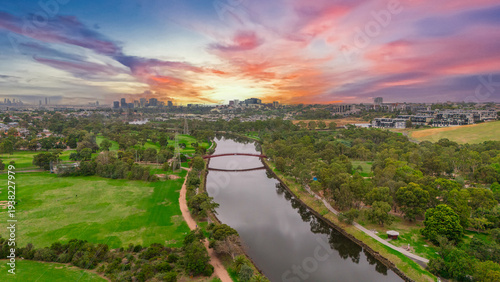 Panoramic Aerial Drone view of Inner Suburbs of Melbourne housing, roof tops, the streets and the parks, the roads and trees of Ascot Vale Moonee Ponds Brunswick Essendon and Maribyrnong in VIC Victor
