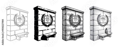 Stone memorial wall with a commemorative plaque and bench is depicted in four distinct artistic styles.