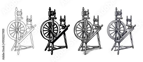 Vintage spinning wheel is illustrated in four distinct artistic styles, highlighting its traditional craftsmanship.