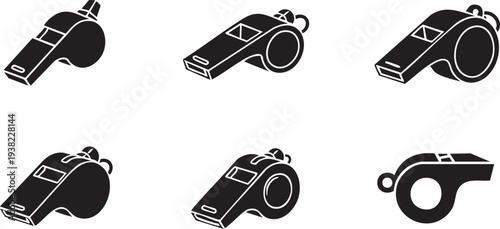 Collection of six black and white whistle illustrations in various angles