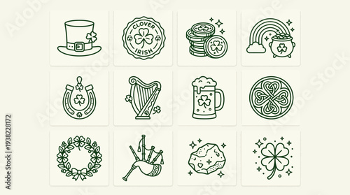 Collection of decorative icons representing Saint Patrick's Day symbols in a grid layout, featuring illustrations of festive elements from various viewpoints