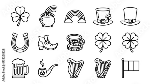 Collection of decorative icons representing St. Patrick's Day symbols including shamrocks, leprechaun hats, and Celtic heritage elements in a minimalist line art style.