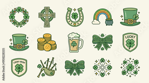 Collection of Saint Patrick's Day icons featuring leprechaun hat, shamrock, and Celtic cross symbols in various designs and illustrations