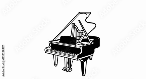 A black and white illustration of a grand piano with its lid open