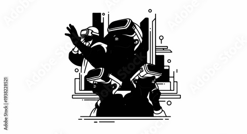 Stylized abstract art depicts people wearing virtual reality headsets in a futuristic setting