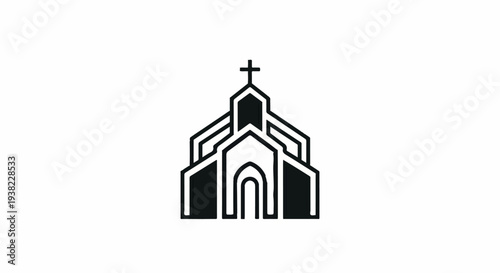 Stylized black and white icon of a modern church building