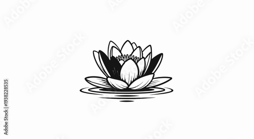 Stylized black and white illustration of a blooming lotus flower on water