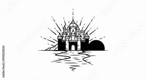 A black and white illustration of a castle at sunset with rays emanating outwards