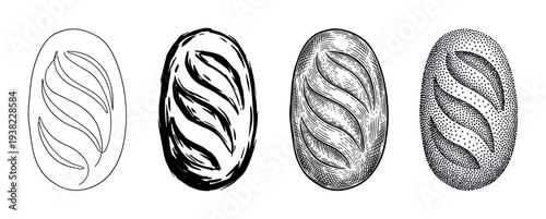 Four different styles of artisanal bread loaf illustrations showcasing various artistic techniques for bakery and food concepts.