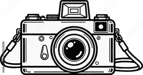 Stylized black and white illustration of a vintage camera with a strap