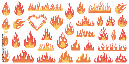 cartoon campfire fire flames bright fireball heat wildfire and red hot bonfire, campfire red fiery flames isolated vector illustration set, animated form and square fireball and flame, decorative embl