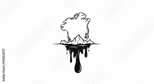 Stylized ice formation melting into black liquid, over jagged peaks