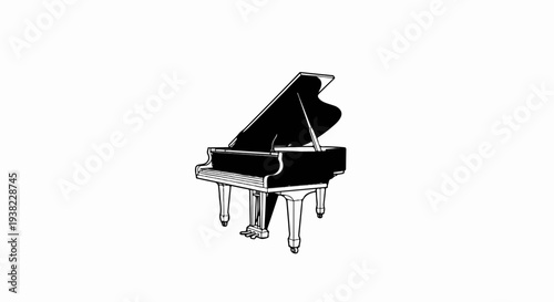 A black and white illustration of a grand piano on a white background
