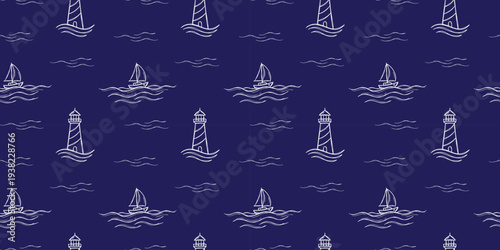 Navy Blue Maritime Seamless Pattern with White Lighthouse and Sailboat Sketches, Dark Nautical Vector Background for Marine Decor and Fashion