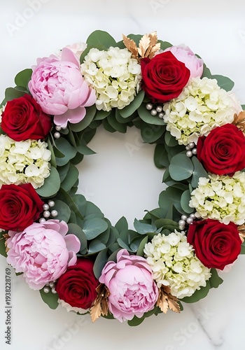 Botanical arrangement showcasing roses, hydrangeas, and eucalyptus leaves