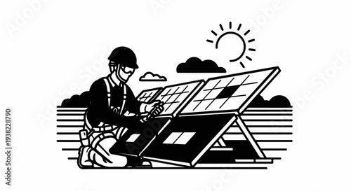 Worker installing solar panels under a bright sun and clouds