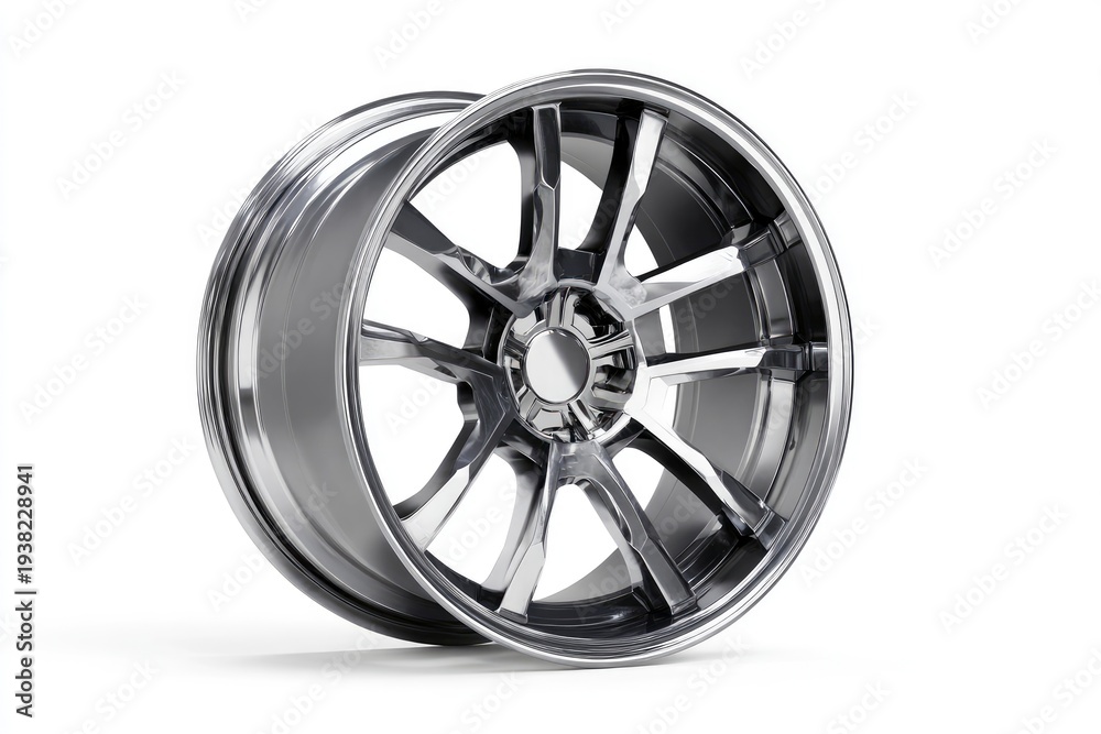 Obraz premium A sleek chrome-plated automotive wheel with intricate spokes positioned at an angle on a plain white surface